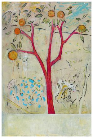 Orange Tree with Birds and Blue Bush