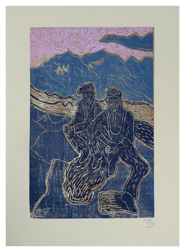 Sat at Segantini's Hut woodcut print