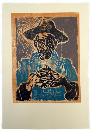 Billy Childish Self-Portrait In Hat woodcut print