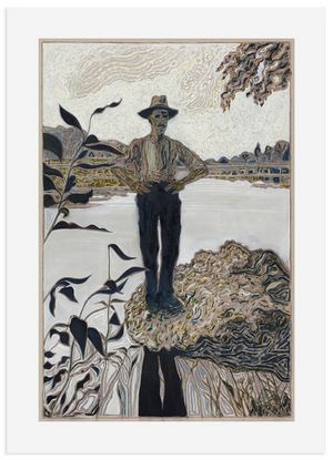 Billy Childish man stood on rock, evening reproduction print